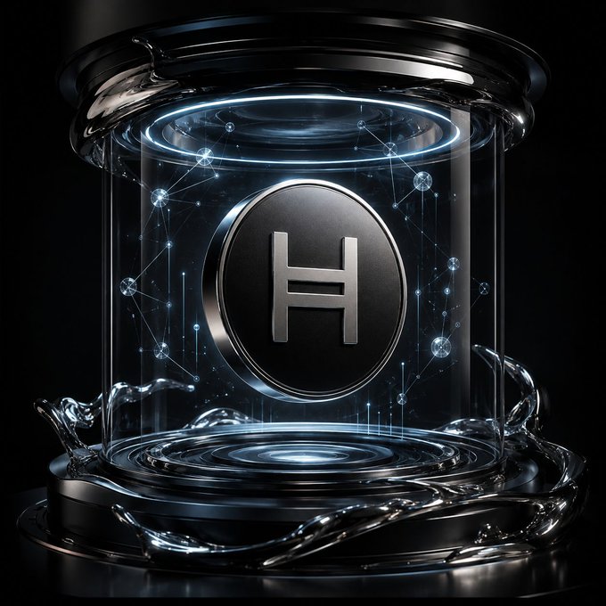 A futuristic metallic logo featuring a stylized "H" inside a transparent cylindrical chamber surrounded by glowing blue energy and liquid metal-like tendrils.