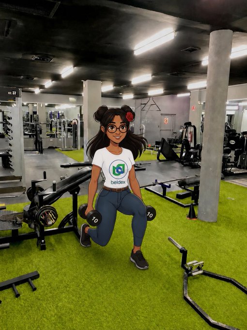 An anime-style avatar of a woman with glasses and a bun, wearing a 'beldex' t-shirt, doing lunges with dumbbells in a gym with green turf flooring.