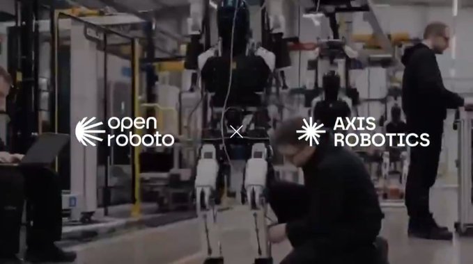 A promotional graphic showing two humanoid robots in a workshop setting with engineers working on them, featuring the logos 'open roboto' and 'AXIS ROBOTICS' separated by an 'x'.