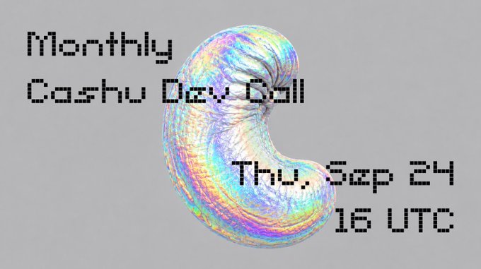 A promotional graphic for a "Monthly Cashu Dev Call" scheduled for Thursday, September 24 at 16 UTC, featuring a colorful iridescent crescent shape against a gray background. The pixelated text and vibrant artwork visually reinforce the post's announcement encouraging developers to join the upcoming tech demonstration call.