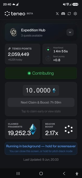 The image shows a phone screen displaying information about a rewards program called Teneo Hub, which offers users points for participating in various activities or making purchases at participating stores. The user has already earned 10,000 points from using the app, and there are additional points available for future use. The post suggests that the user can claim their rewards by running an update on the screen, which will allow them to access more points.