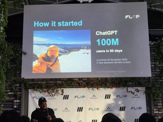 Conference presentation slide titled 'How it started' featuring a photo of a person in ski gear on a snowy slope, with text about ChatGPT reaching 100M users in 60 days after launching 30 November 2022, branded with FLOP and Tasmota logos.