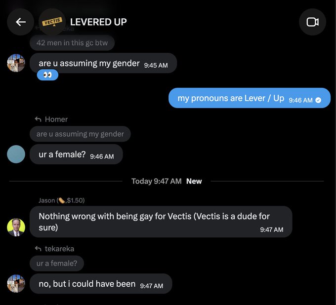 A chat app conversation in the 'LEVERED UP' group chat featuring a joke about pronouns ('my pronouns are Lever / Up') and discussion about gender assumptions.