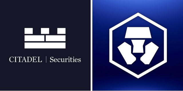 The image shows two logos side by side: the Citadel Securities logo (a stylized white brick/wall emblem with "CITADEL | Securities" text on a dark background) on the left, and the Crypto.com logo (a white geometric symbol inside a hexagon on a blue background) on the right.

The image visually represents Citadel Securities' $400M investment in Crypto.com, pairing the two brand identities to illustrate the partnership discussed in the post about institutional backing of the exchange layer in crypto.