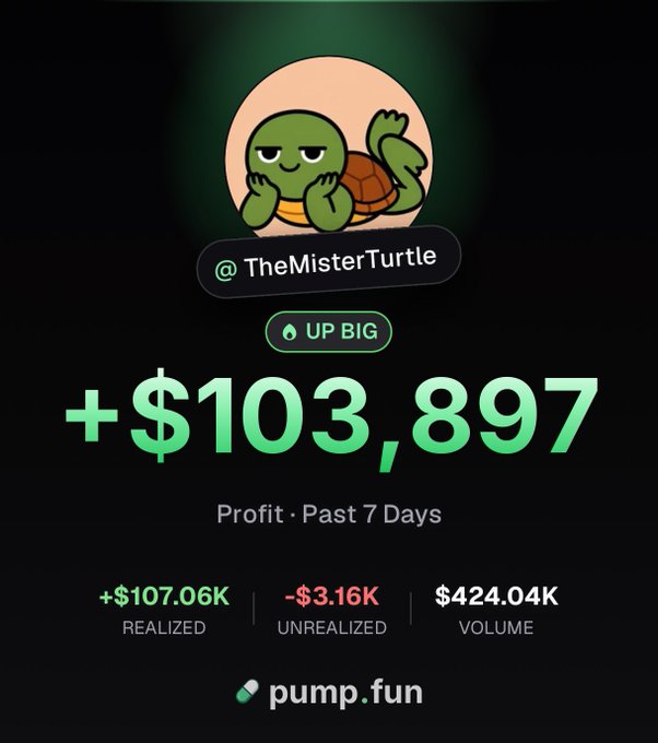 The image shows a Pump.fun profit dashboard for user "TheMisterTurtle" with a turtle mascot, displaying a +$103,897 profit over the past 7 days, including $107.06K realized, -$3.16K unrealized, and $424.04K volume. This impressive profit screenshot supports the post's urgency about accumulating Solana before prices rise, as the substantial gains shown suggest momentum that could drive SOL's value higher.