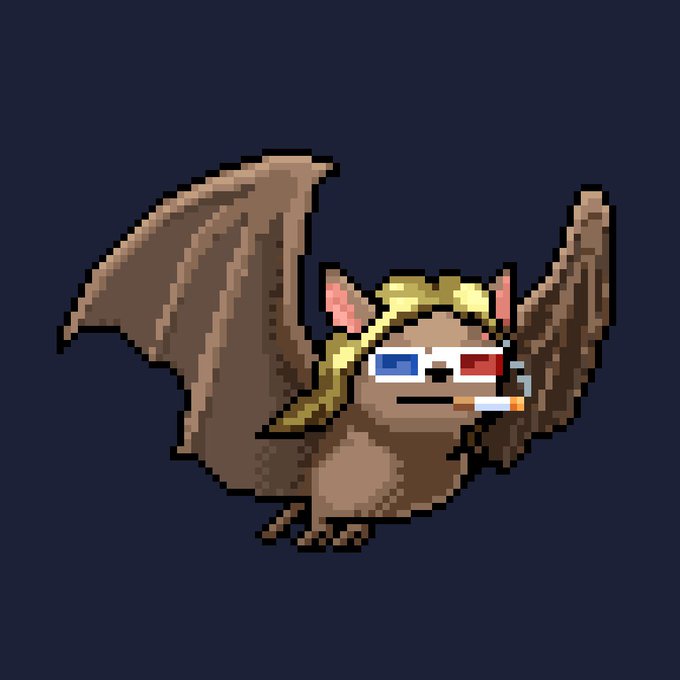 A pixel art illustration shows a brown bat with blonde hair, wearing red and blue 3D glasses and smoking a cigarette against a dark blue background.