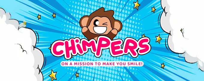 A cartoon chimp logo with the text "CHIMPERS - ON A MISSION TO MAKE YOU SMILE!" on a blue comic-style background with stars and clouds. The cheerful branded image introduces a post reflecting on how long ago Chimpers NFT prices were last seen at these levels, using the mascot to establish the project's identity before diving into price discussion.