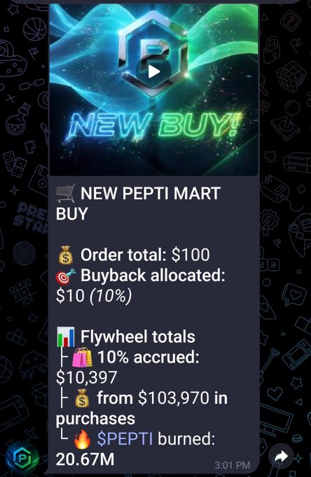 A Telegram message graphic with neon colors and text reading 'NEW BUY!', followed by details for a 'NEW PEPTI MART BUY' showing order totals, buyback allocations, and $PEPTI burned statistics.