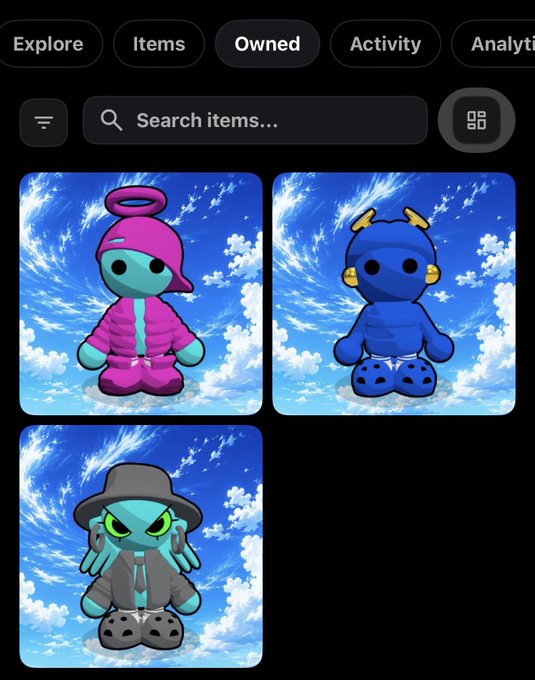 A digital collectibles interface with tabs for 'Explore,' 'Items,' 'Owned,' and 'Activity,' displaying three character figures including a pink-hooded figure with a halo, a blue horned character, and a green figure in a hat against sky backgrounds.