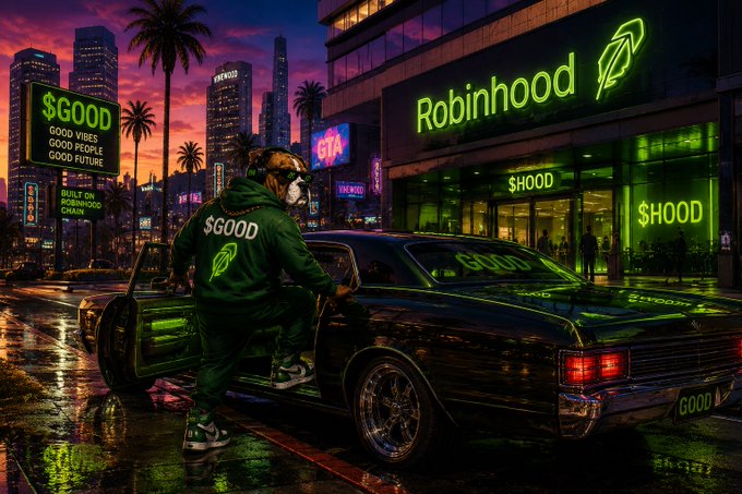 A stylized digital artwork featuring a dog wearing a green tracksuit with '$GOOD' branding, stepping out of a black car in a neon-lit city setting with a 'Robinhood' storefront.