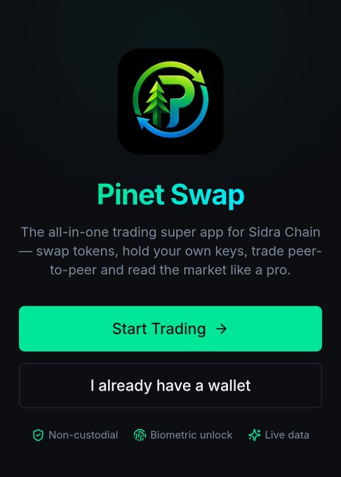 The image displays the landing page for **Pinet Swap**, an all-in-one trading super app for Sidra Chain, featuring a logo with a stylized "P" surrounded by green and blue arrows and a pine tree. The page highlights key features including "Non-custodial" security, "Biometric unlock," and "Live data," with prominent buttons to "Start Trading" or access an existing wallet. This visual corresponds to the post's description of PinetSwap as a Web3 trading platform offering token swaps, a non-custodial wallet with encrypted keys, and P2P marketplace functionality.