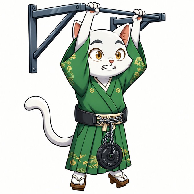 An illustration of an anthropomorphic white cat wearing a green traditional Japanese kimono with floral patterns, performing a pull-up while a weight plate labeled 'MONOCOIN' hangs from its waist.