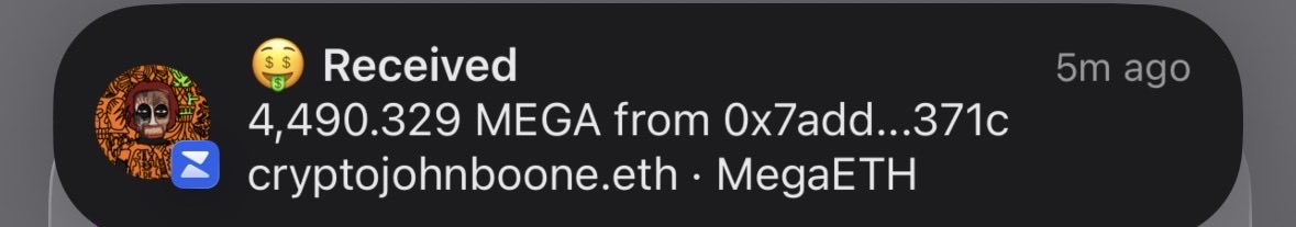 A mobile notification showing a received crypto transaction of 4,490.329 MEGA tokens from address 0x7add...371c to cryptojohnboone.eth on the MegaETH network, received 5 minutes ago, illustrating the unexpected airdrop referenced in the post.