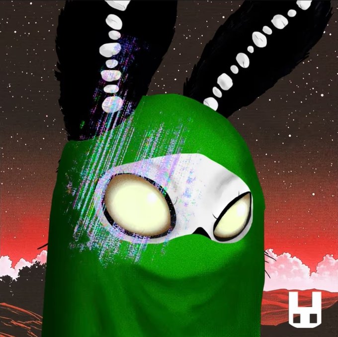 A stylized green hooded character with glowing eyes and black antennae appears against a red-and-black sky, with a “4” logo in the lower-right corner.