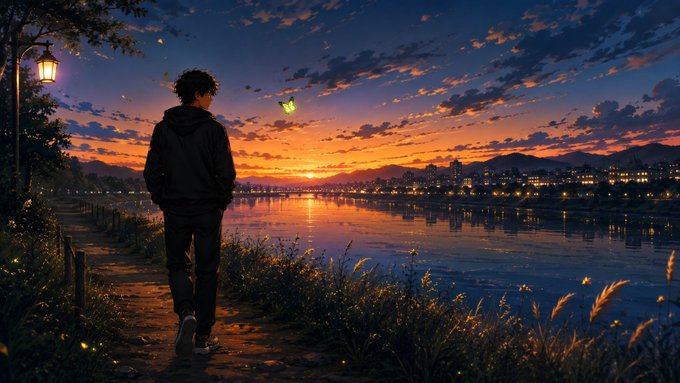 An anime-style illustration of a person in a dark hoodie standing on a path beside a river at sunset, watching glowing butterflies float in an orange sky with city lights reflecting on the water.