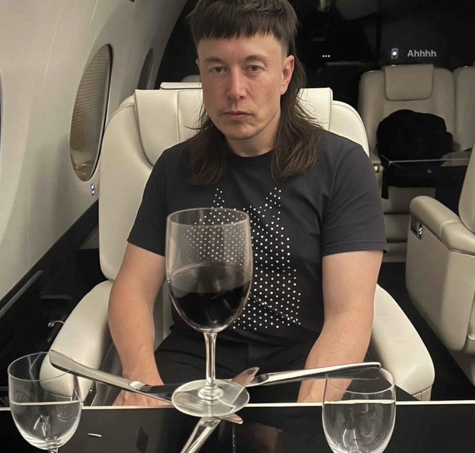 The image features a man sitting at a table with wine glasses and silverware. The man has long hair, which is styled into a mohawk. He is wearing a black shirt that has white dots on it. There are two empty wine glasses in front of him, one on the left side of the table and another on the right side. A knife and fork are placed next to each other on the table. The background shows an airplane seat with a window, suggesting they might be on a flight or have recently arrived at their destination.