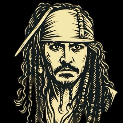 A stylized golden/cream illustration of Captain Jack Sparrow on a black background, depicting his iconic bandana, dreadlocks, and intense gaze.