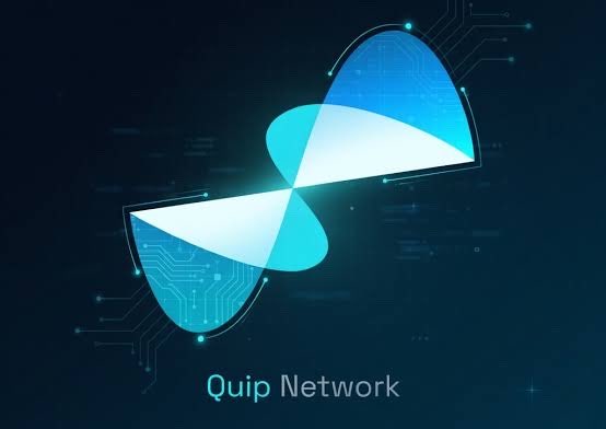 A stylized logo for "Quip Network" featuring two overlapping cyan and white wave-like shapes on a dark blue circuit-board background, matching the post's theme of quantum-classical compute and idle machine utilization. The accompanying text highlights how Quip Network turns hardware into productive assets.