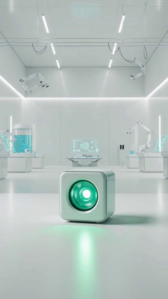 The image features an intriguing scene with a small square object that appears to be a cube-shaped device or gadget. The object has a green light at its center, which seems to emit a warm glow. In the background, there are several other objects, including a robot and a monitor displaying a 3D rendering of a futuristic cityscape. The image also includes text elements such as "MultiversX" and "@xPortalApp".