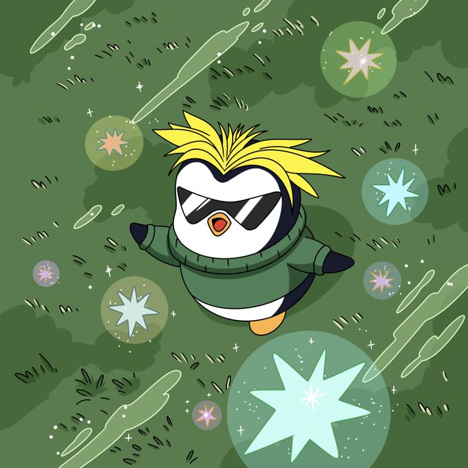 Illustration of a cute penguin character wearing black sunglasses and a green sweater, surrounded by green and teal starry effects.
