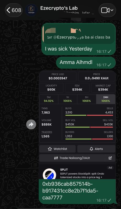 A Telegram chat screenshot from 'Ezecrypto's Lab' discussing a token called SPLIT (StockSplit), showing market statistics including a 1066% 24h increase, $394K FDV, and $453K buy volume, with messages about attending class.