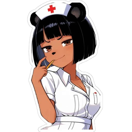 An anime-style nurse character with black hair, bear-ear cap, and red cross hat, holding a pencil while winking.