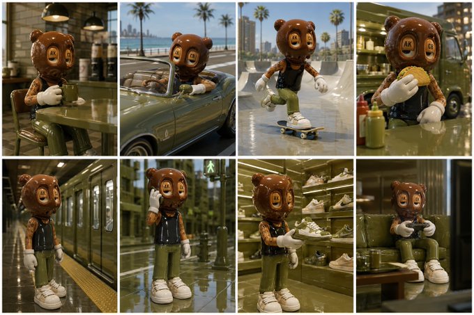 A collage of 8 photos featuring a brown bear-like figure with 'AK' and '47' on its eyes, shown in various urban settings including a cafe, convertible car, skateboarding, a subway station, and a shoe store.