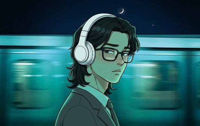 An anime-style illustration of a person with dark hair, glasses, and white headphones standing in front of a passing green train under a night sky with a crescent moon.