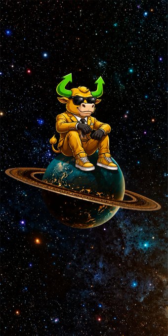 The image features a cartoon bull sitting atop a planet with its horns pointing upwards. The background of the image is filled with stars, creating an otherworldly atmosphere. The caption below the image reads "In $THEROS, nobody gets left behind. From the first holder to the newest member, we're all pushing toward the same goal". This phrase emphasizes the idea that everyone should be included and valued in a group or community, regardless of their background or experience level.
