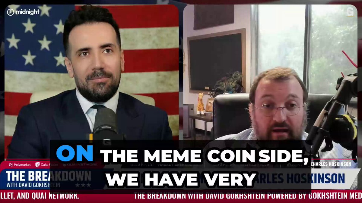 The image shows two men wearing suits, one man speaking into a microphone while another man listens intently. The background features an American flag and a banner that reads "On The Meme Coin Side", suggesting they are discussing the meme coin trend or its impact on society.