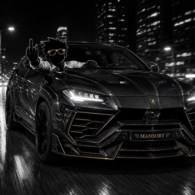 A stylized black and white image of a Lamborghini Urus with carbon fiber bodywork modified by Mansory, driven by an anime-styled character wearing sunglasses and making a hand gesture, set against a nighttime cityscape.