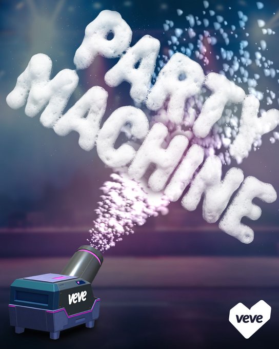 A VeVe digital collectible artwork showing a small machine emitting smoke that forms the words 'PARTY MACHINE'.