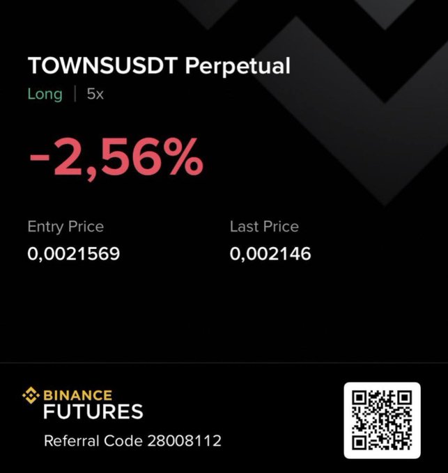 A Binance Futures screenshot displays a TOWNSUSDT perpetual long position (5x leverage) currently down -2.56%, with an entry price of 0.0021569 and last price of 0.002146, illustrating the temporary dip the poster is dismissing as "nobodycare" before the anticipated big pump.