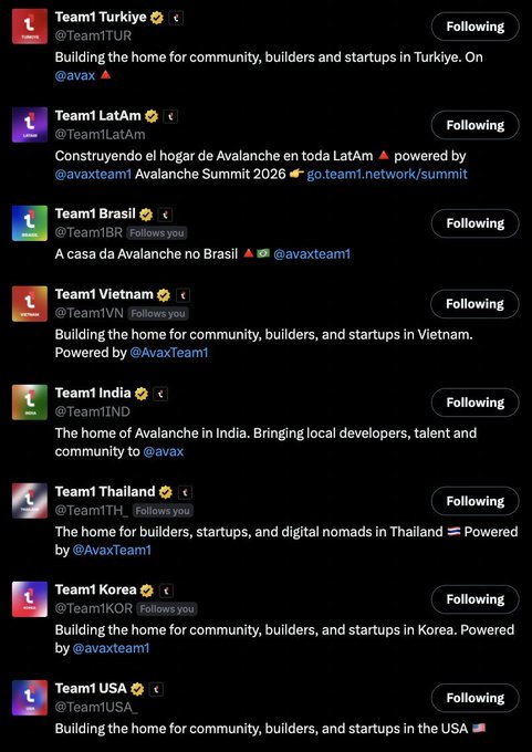 A Twitter/X profile list shows 8 Avalanche regional team accounts being followed: @Team1TUR (Turkiye), @Team1LatAm, @Team1BR (Brasil), @Team1VN (Vietnam), @Team1IND (India), @Team1TH_ (Thailand), @Team1KOR (Korea), and @Team1USA_ — all featuring "Building the home for community, builders and startups" in their respective regions under the @AvaxTeam1 brand. The image illustrates the post's message about the expanding global reach of Avalanche's regional teams.