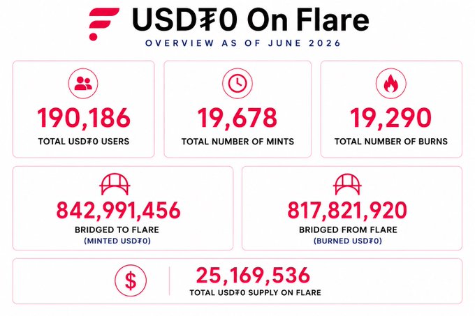 A screenshot of a poster displaying a comparison between Bitcoin and USDC dollars, with a breakdown of transaction amounts. The text says "USDO ON FLARE" at the top, indicating that we're looking at Bitcoins in relation to Usdc. There are multiple columns showing various statistics such as the total number of transactions for each currency over the course of six months (June 2020), the number of mints created (19,738), and the number of burns (19,290). The post also mentions that there is a bridge between these two coins with users transitioning from one to another.