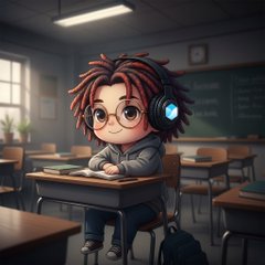 The image features a cartoon character sitting at a desk, wearing headphones and looking down while reading a book or working on an assignment. The scene takes place in a classroom setting with desks and chairs visible around the room. In the background, there is a chalkboard that has text written on it, which seems to be related to tokenized stocks.