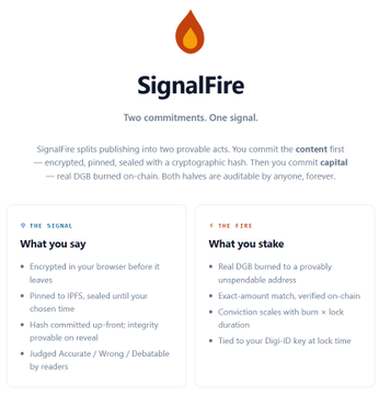 SignalFire website explaining 'Two commitments. One signal' — content is encrypted, pinned, sealed with cryptographic hash, then real DGB burned on-chain. Sections: 'What you say' (Encrypted, IPFS-pinned, hash-committed, judged by readers) and 'What you stake' (DGB burned, exact-amount match, conviction scales with burn + lock duration).