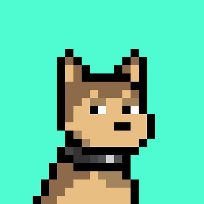 A pixel art illustration of a cartoon dog character wearing a black shirt, set against a solid teal-green background.