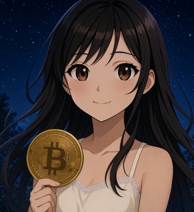 An anime-style illustration of a dark-haired girl holding a physical Bitcoin coin against a starry night sky.