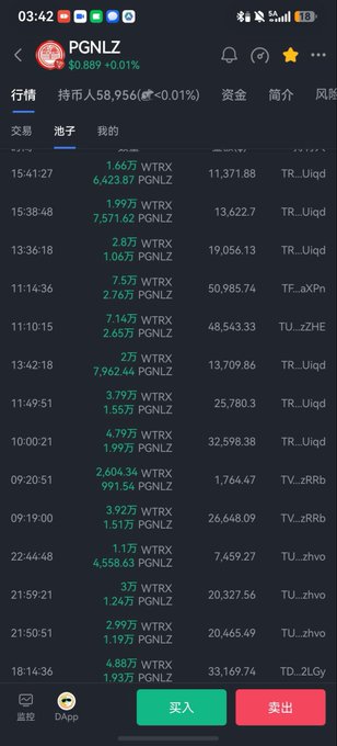 A mobile screenshot of the Sun.io trading interface displays the PGNLZ token page, showing its price at $0.889 (+0.01%) and a list of recent WTRX/PGNLZ trades. The transaction history reinforces the post's promotion of a Tron-based token, as most trades are denominated in WTRX and executed by addresses ending in "TR...Uiqd" typical of Tron wallets.