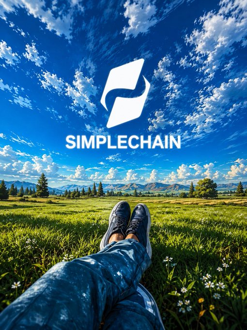 An image of legs resting in a grassy field with a blue sky, overlaid with the white logo and text 'SIMPLECHAIN'.