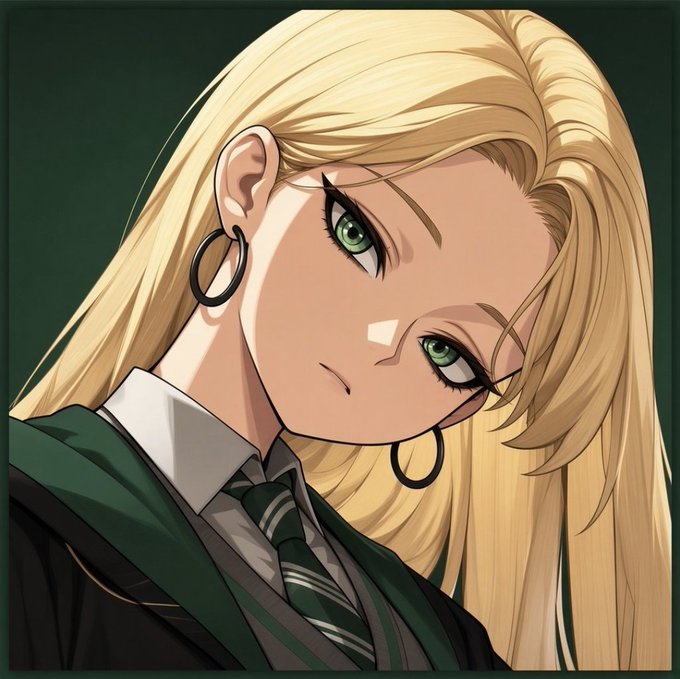An anime-style illustration shows a character with long blonde hair, green eyes, and hoop earrings wearing a Slytherin uniform from Harry Potter.