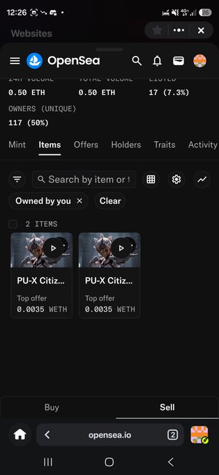 A screenshot of the OpenSea NFT marketplace showing a collection with 0.50 ETH 24h volume, 17 listed items (7.3%), and 117 unique owners, with two items listed for a top offer of 0.0035 WETH.