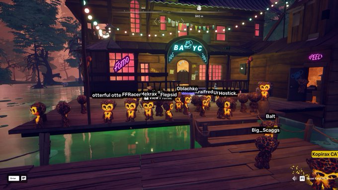 A screenshot from a game showing a gathering of small goblin-like characters on a wooden deck outside a neon-lit venue labeled 'BAYC', with player names like 'Oblachko' and 'Bait' visible above characters.