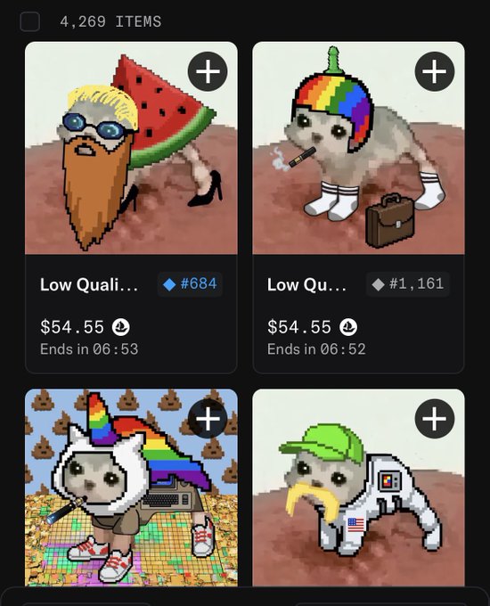 A screenshot of the OpenSea NFT marketplace showing the "Low Quality" (LQ) cat collection with 4,269 items, where each pixel-art cat is priced at $54.55 ETH and depicted in absurd, meme-worthy costumes like a blonde-bearded biker, a helmeted smoker with a briefcase, a rainbow-maned DJ, and a space-suited mustached figure in a green cap.