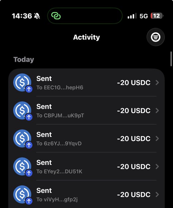 A mobile phone screen displays a wallet activity feed showing five consecutive "Sent" transactions of -20 USDC each to different recipients (EEC1G...hepH6, CBPJM...uK9pT, 6z6YJ...9YqvD, EYey2...DU51K, and viVyH...gfp2j). The image illustrates the "pouring some cream" mentioned in the post, with a total of $100 USDC distributed across multiple wallets alongside the caption's claim of a "$200 GA."
