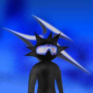A dark, shadowy figure with a spiky head and large reflective visor or eyes, set against a vibrant blue background with white abstract streaks.