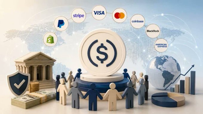 A 3D-style graphic features a large USDC (dollar coin) at the center, surrounded by logos of major companies and platforms including Visa, Stripe, PayPal, Shopify, Coinbase, BlackRock, Mastercard, and American Express, along with symbolic elements like a bank, globe, bar chart, and figures holding hands, visually representing the convergence of major financial and tech players around the stablecoin ecosystem.