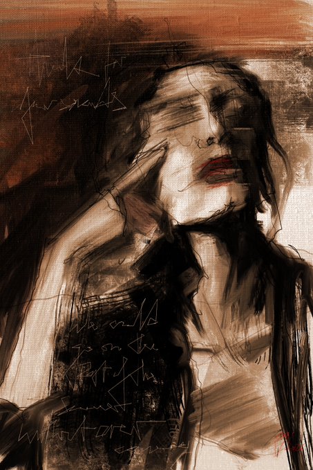A dark, expressive sketch-style portrait of a woman with messy hair and red lips, featuring handwritten text including "I wish there was a cure for this memory loss of you."