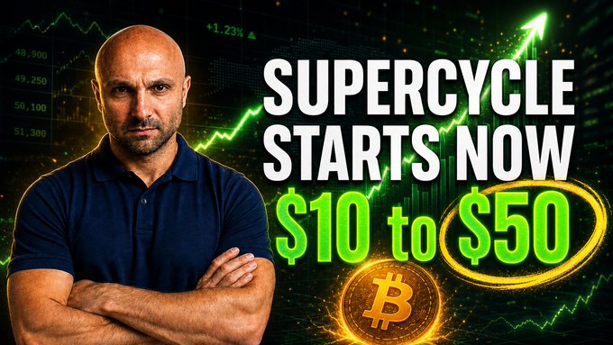 A confident bald man with crossed arms appears alongside bold text reading "SUPERCYCLE STARTS NOW $10 to $50" with a Bitcoin symbol, set against a rising green market chart. The image visually reinforces the post's claim of a major XRP supercycle breakout prediction, using Bitcoin imagery and price targets to emphasize the urgency of the bullish forecast.